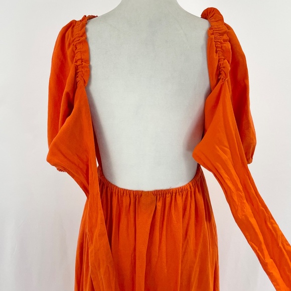 Who What Wear Open Back Tie Puff Sleeve Linen Blend Midi Dress Orange Size XS - Picture 14 of 16